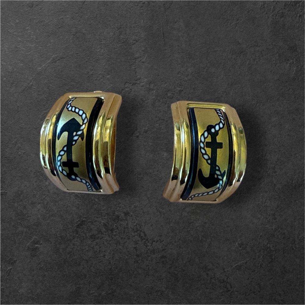 SOLD Hermes Used Enameled Gold-Plated Clip-on Earrings Vintage